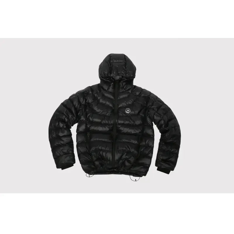 a black puffer jacket with a hood and a white background