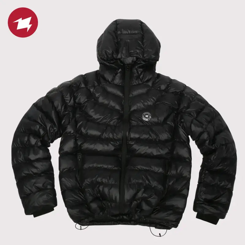 a black puffer jacket with a hood and a white logo on the front