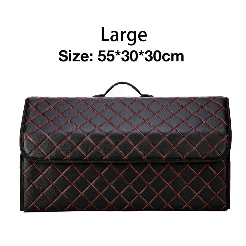 a black and red quilted bag with a large zipper