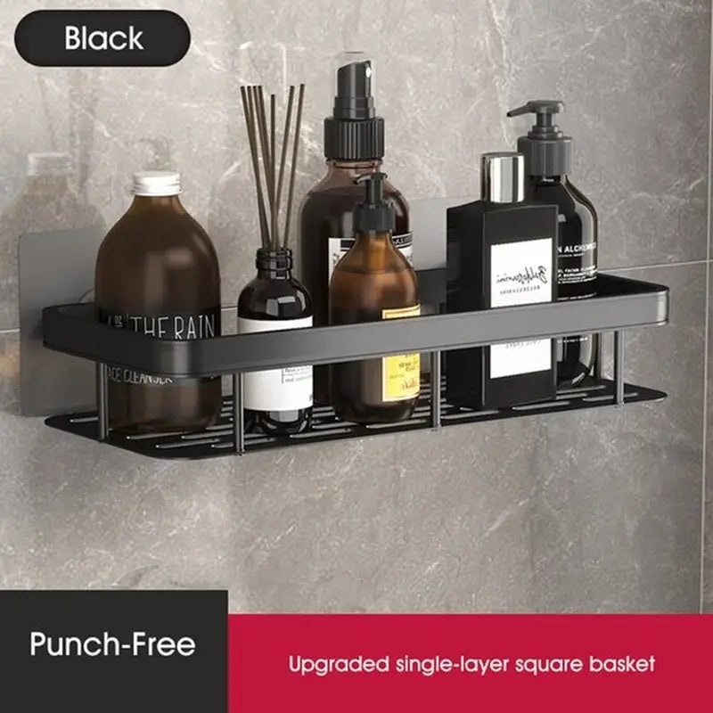 a bathroom shelf with two bottles and a soap bottle