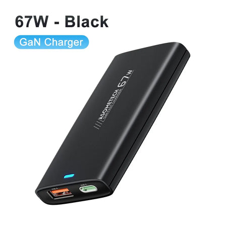 Black rectangular portable GaN charger with 67W power output and dual charging ports.