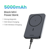 Black rectangular power bank with magnetic wireless charging capability.