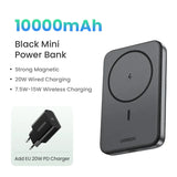 Black rectangular power bank with wireless charging capability and 10000mAh capacity.