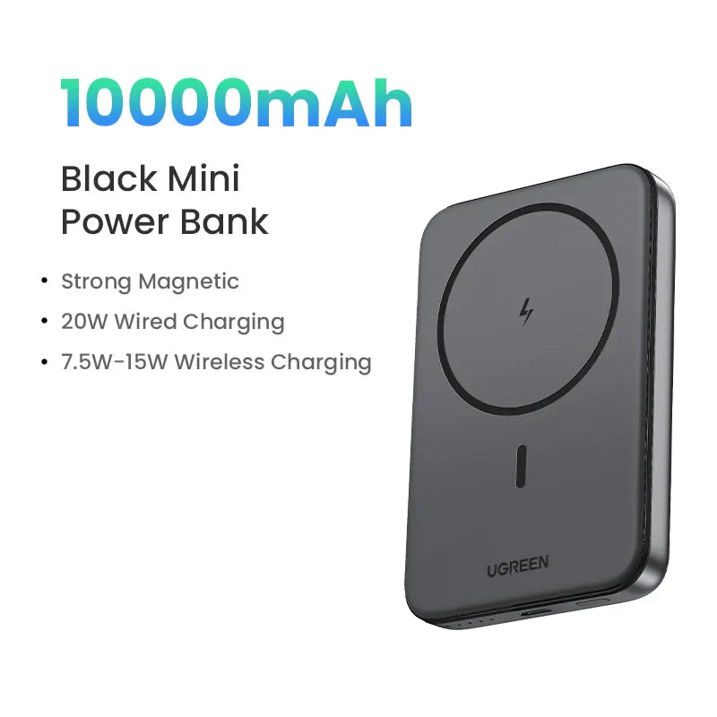 Black rectangular power bank with wireless charging capability and 10000mAh capacity.