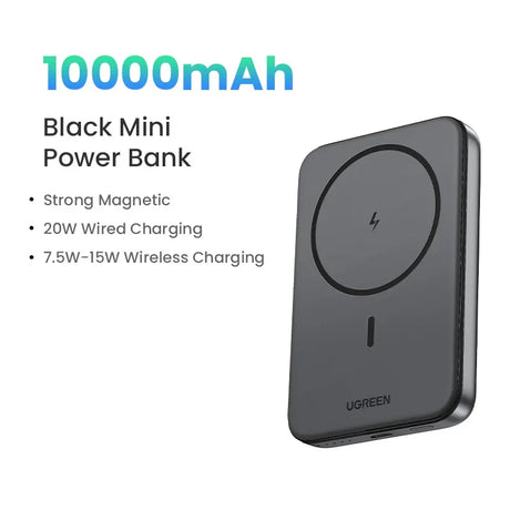 Black rectangular power bank with wireless charging capability and 10000mAh capacity.