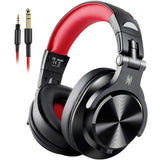 Black and red over-ear headphones with audio cables.