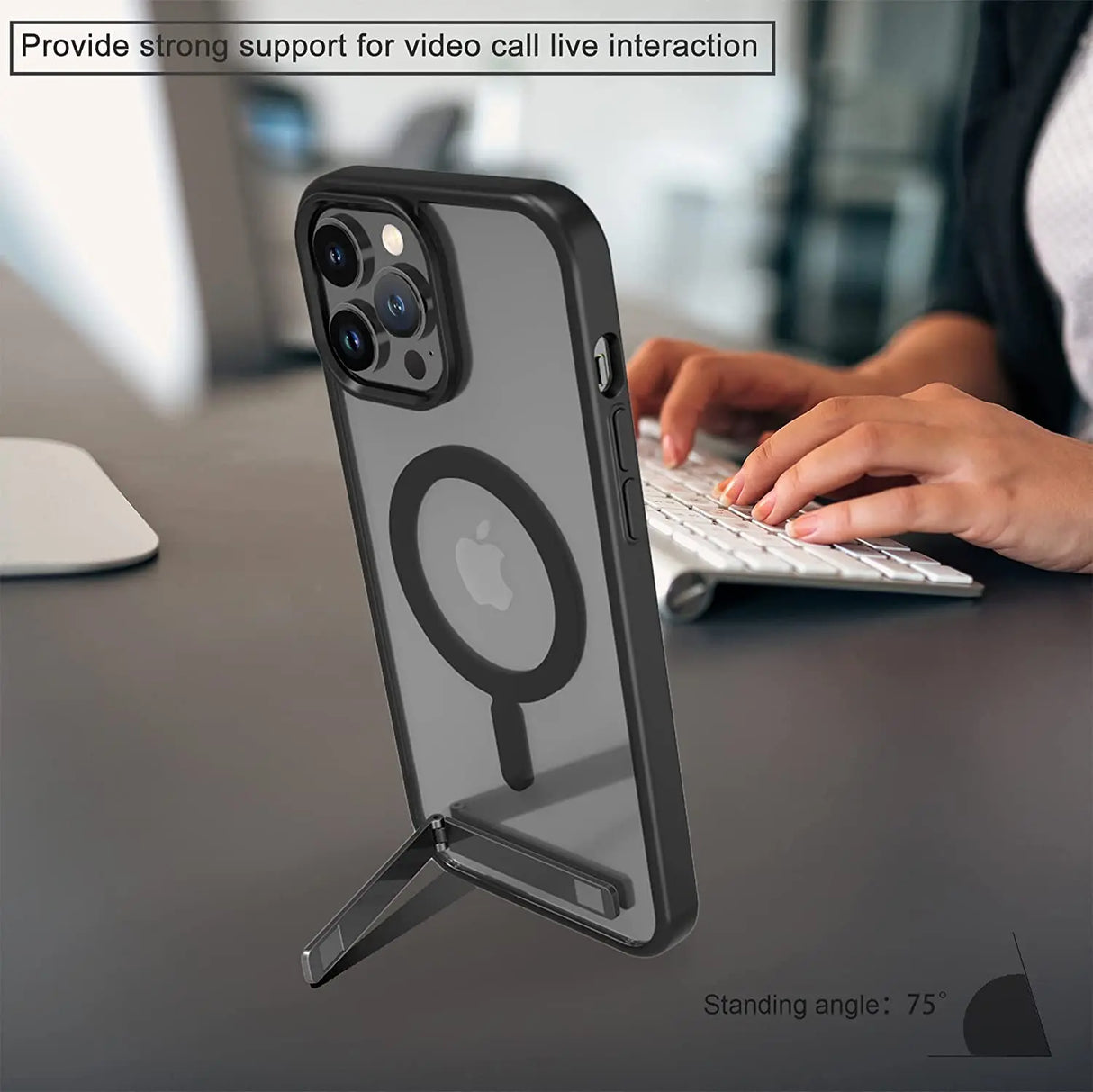 Black-rimmed phone case with magnetic ring and kickstand.
