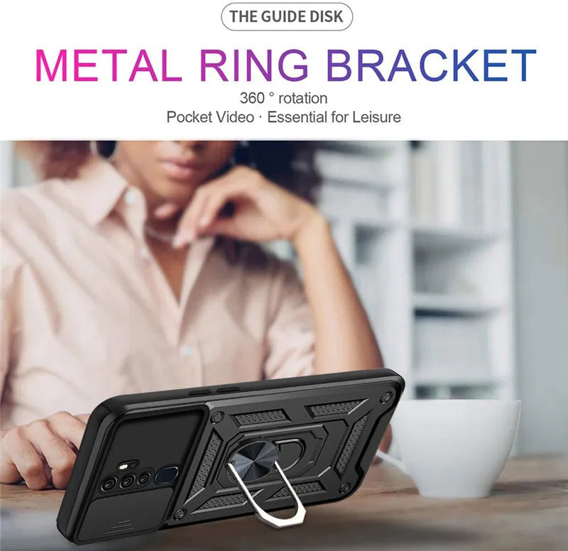 Black rugged metal magnetic ring stand with textured grip and 360-degree rotation on shockproof armor case back