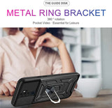 Black rugged metal magnetic ring stand with textured grip and 360-degree rotation on shockproof armor case back