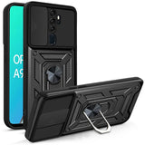 Black rugged shockproof armor case with integrated camera slider and magnetic ring stand for oppo back side