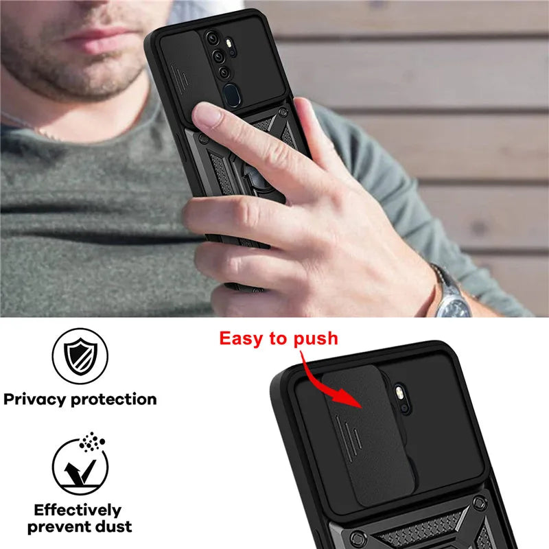 Black shockproof armor case for OPPO with sliding camera cover, textured grip, and magnetic ring stand on back side