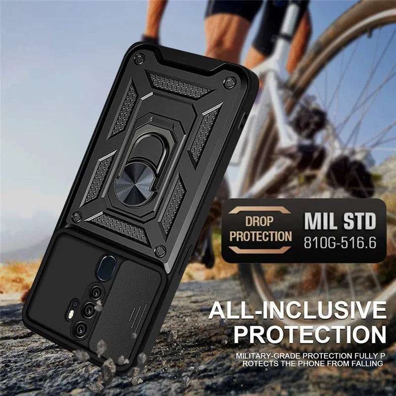 Black rugged shockproof armor case for oppo with built-in magnetic ring stand and rotating textured back side