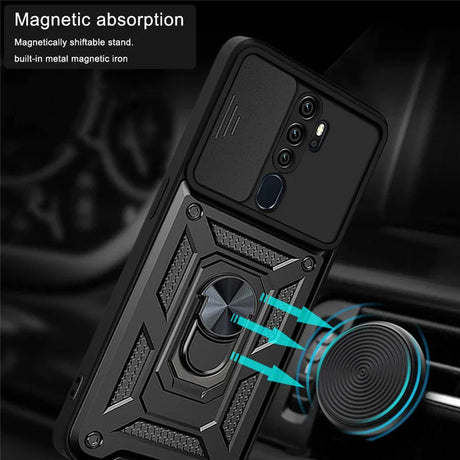Black rugged shockproof armor case with textured design and magnetic ring stand for oppo phones back side view