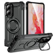 Black rugged phone case with a built-in kickstand and magnetic ring.
