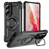 Black rugged phone case with a built-in kickstand and magnetic ring.