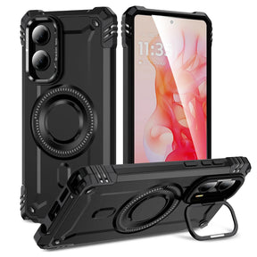 Black rugged phone case with a magnetic ring holder and kickstand.