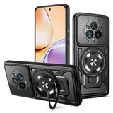 Black rugged phone case with a camera protector and a rotating kickstand ring.