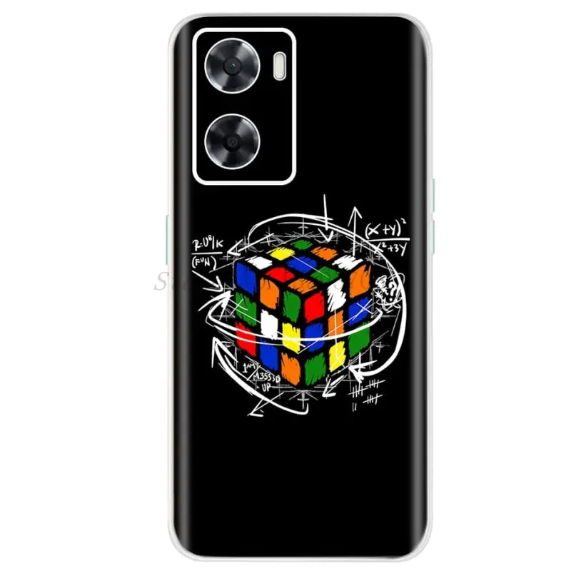 a black samsung s20 case with a rubix cube and a drawing of a cube