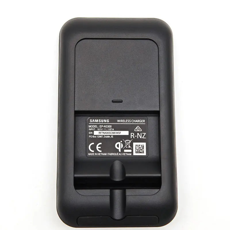 Black samsung 15w wireless charger stand with matte finish and integrated charging pad for easy device charging