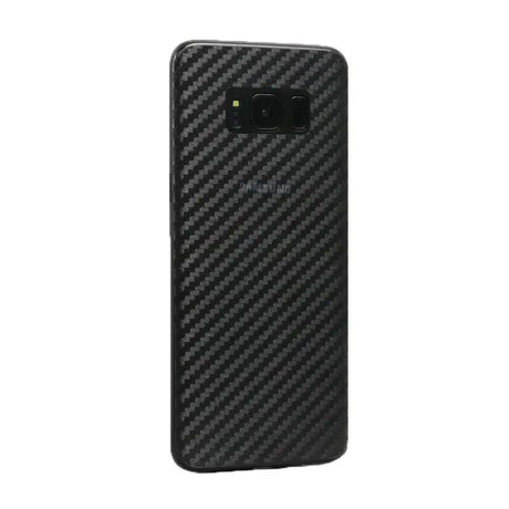 the back of a black samsung s8 phone case with a carbon fiber texture