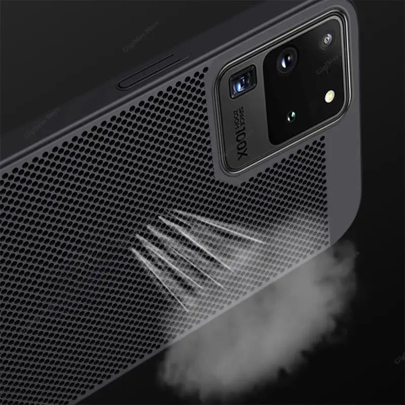 the back of a black samsung s9 with a smoke coming out