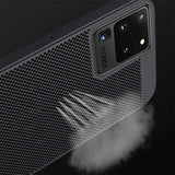 the back of a black samsung phone with a smoke coming out