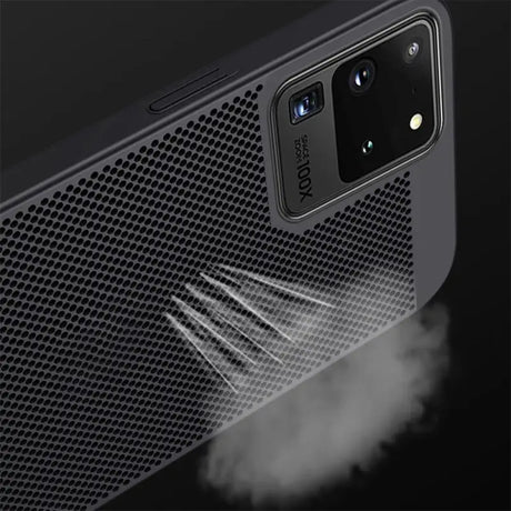 the back of a black samsung phone with a smoke coming out