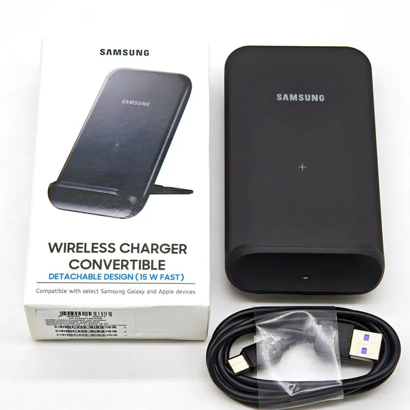 Black samsung 15w wireless charger stand with detachable design and fast charging capability