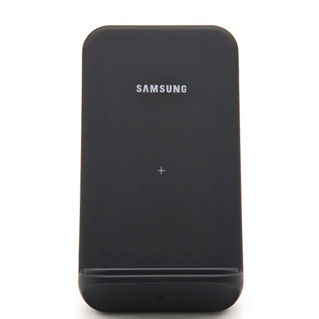 Black samsung 15w wireless charger stand with minimalist design and subtle white logo for fast wireless charging