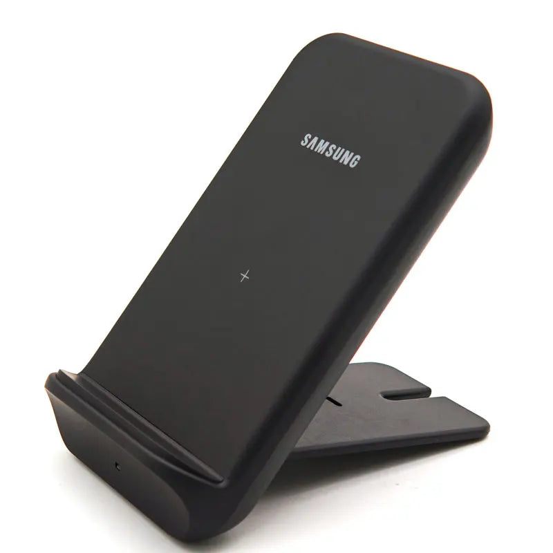 Black samsung 15w wireless charger stand with sleek minimalist design and smooth matte finish for fast charging