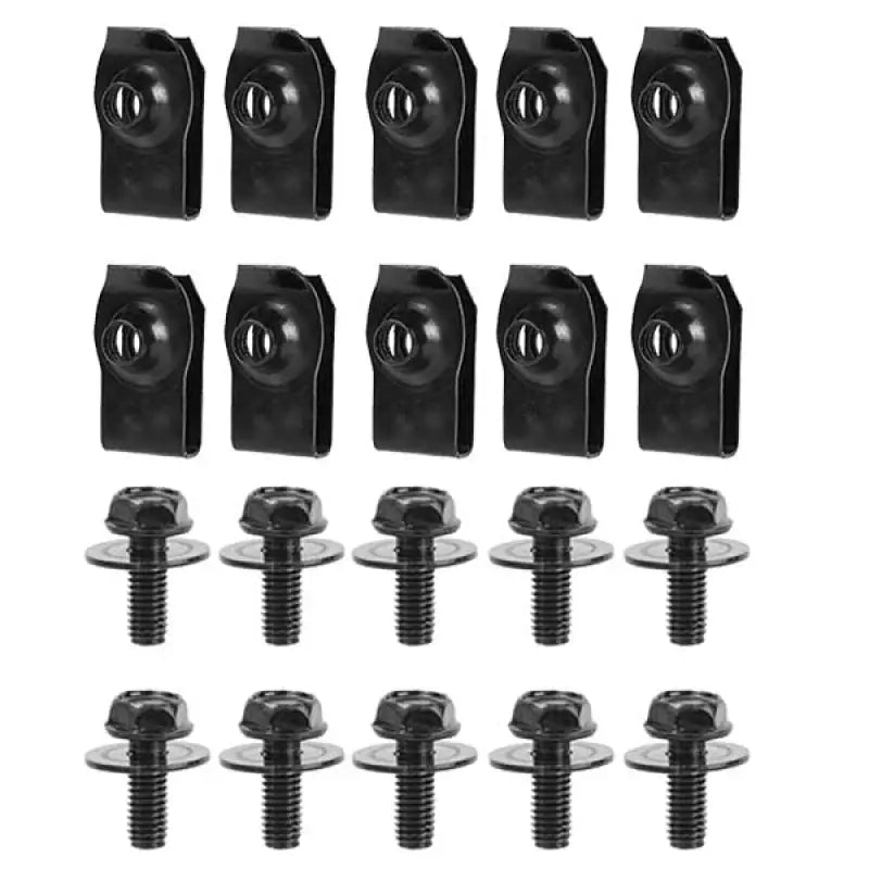 a set of black plastic screws and nuts on a white background