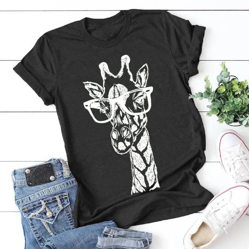 a black shirt with a giraffe head and a pair of glasses on it