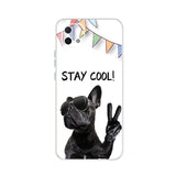 a black dog with sunglasses saying stay cool