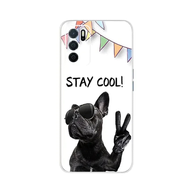 a black dog with sunglasses and a sign saying stay cool