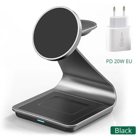 a black and silver charging station with a charger