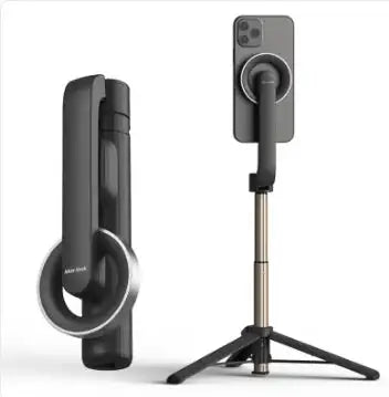 Black and silver foldable selfie stick with a circular phone holder and tripod base
