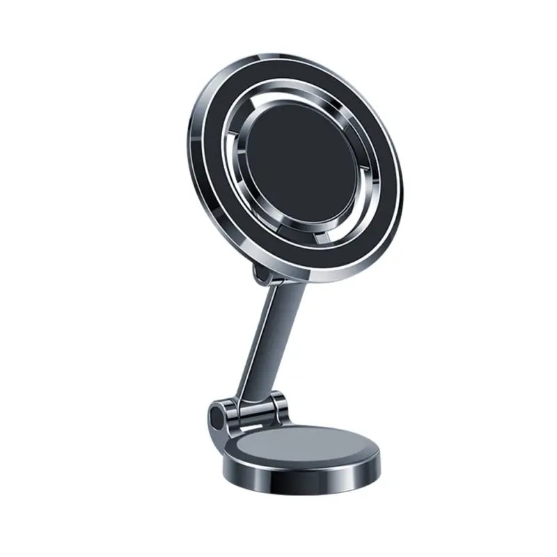 a close up of a black and silver mirror on a stand