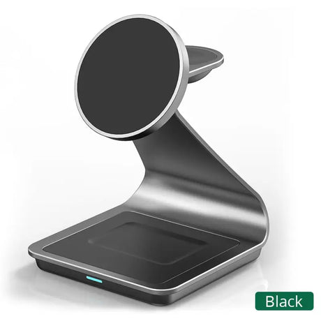 a black and silver phone stand with a circular mirror