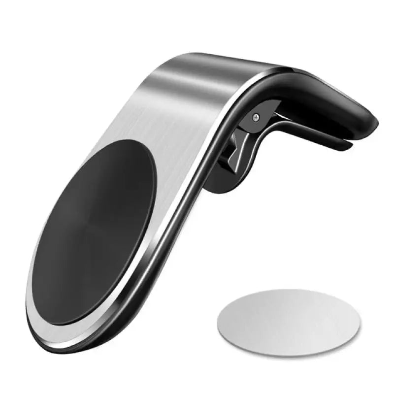 a black and silver phone stand with a white base