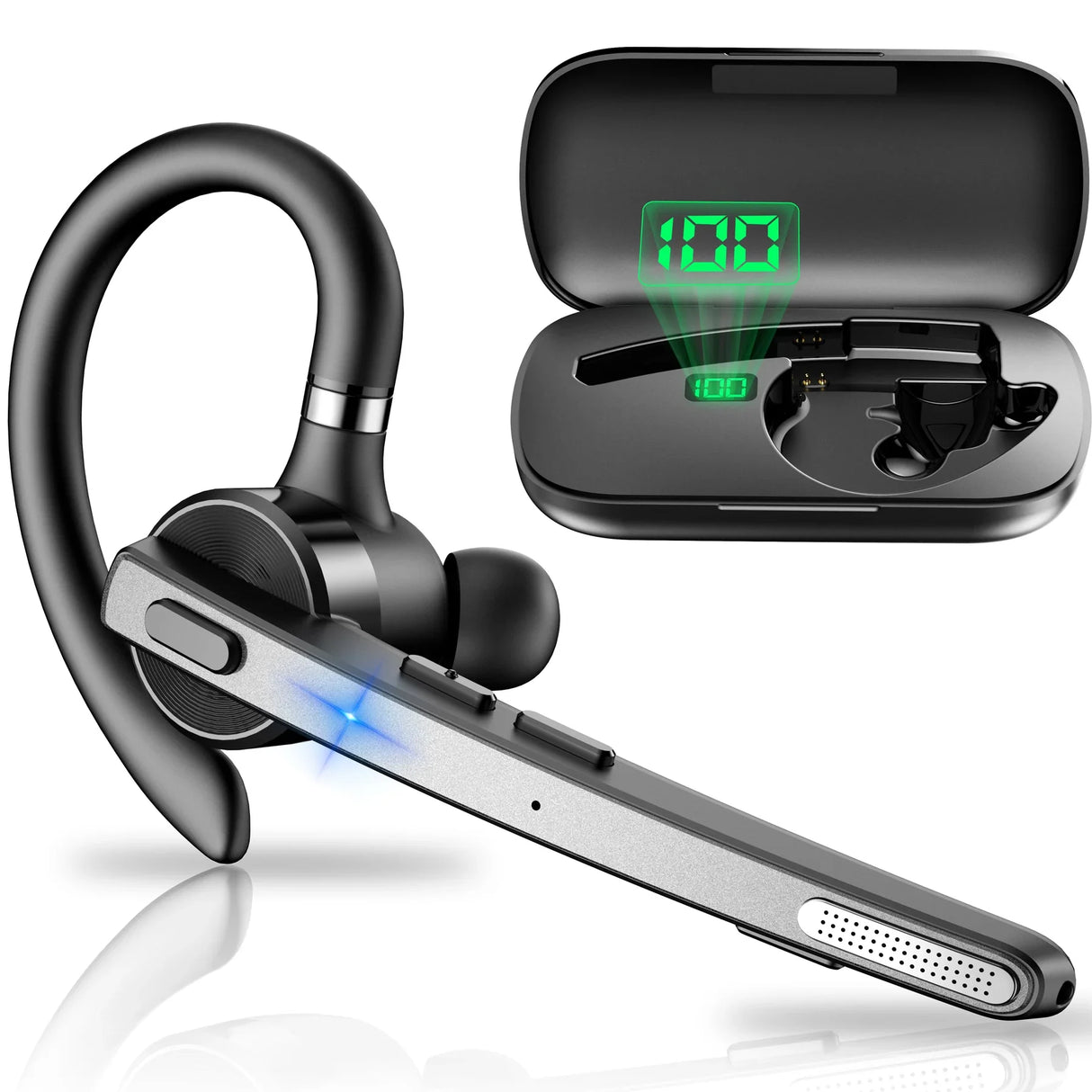 Black single-ear Bluetooth headset with a charging case displaying battery percentage.