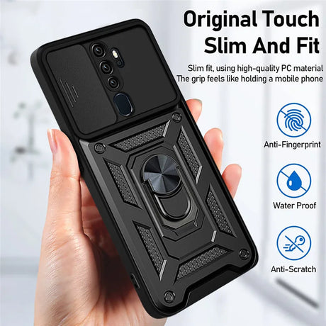 Black slim shockproof armor case with magnetic ring stand and textured grip made of high-quality pc material backside view