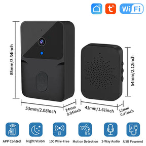 Black smart doorbell with receiver and dimensions.
