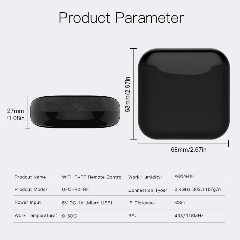 Black smart remote control with dimensions and specifications.