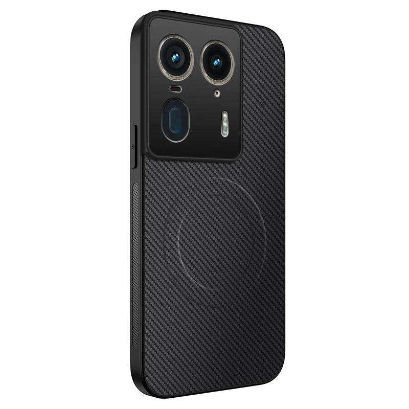 Black smartphone with a carbon fiber textured case and a prominent camera module.