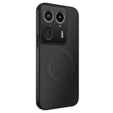 Black smartphone with a carbon fiber textured case and a prominent camera module.