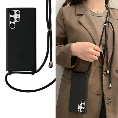 Black smartphone case with an attached crossbody lanyard.