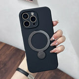 Black smartphone case with a built-in magnetic ring holder and camera protection.