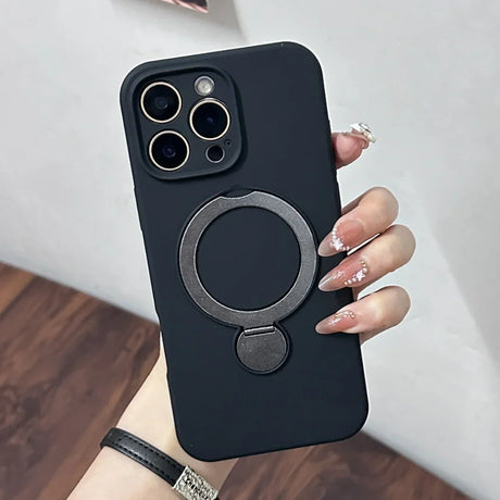 Black smartphone case with a built-in magnetic ring holder and camera protection.