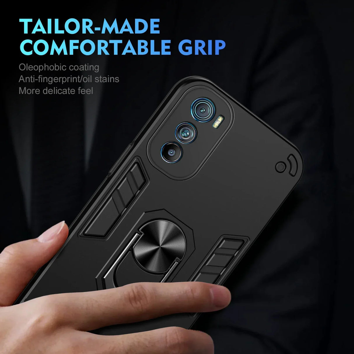 A black smartphone case with a built-in kickstand ring holder and oleophobic coating for a comfortable, anti-fingerprint grip.