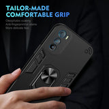 A black smartphone case with a built-in kickstand ring holder and oleophobic coating for a comfortable, anti-fingerprint grip.